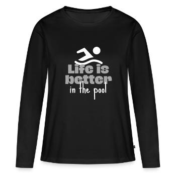 Schwimmen: Das Leben im Pool ist besser - Frauen Premium Bio Langarmshirt - Schwarz - Vorne - Julia (174cm)