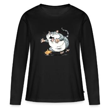 Dicke Katze jagt komische Maus - Frauen Premium Bio Langarmshirt - Schwarz - Vorne - Julia (174cm)