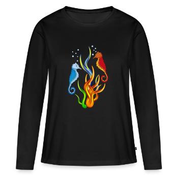 Seepferdchen mit Algen - Frauen Premium Bio Langarmshirt - Schwarz - Vorne - Julia (174cm)