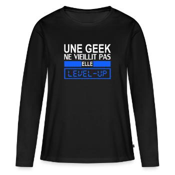 une geek ne vieillit pas elle level up - T-shirt manches longues Premium bio Femme - noir - Devant - Julia (174cm)