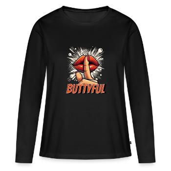 Buttyful avec des lèvres rouges et des lèvres qui s’embrassent - T-shirt manches longues Premium bio Femme - noir - Devant - Julia (174cm)