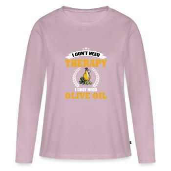 Drôle de dicton sur l’huile d’olive - T-shirt manches longues Premium bio Femme - rose poudré - Devant - Julia (174cm)