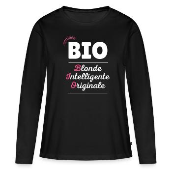 Humour femme blonde humoristique certifiée bio - T-shirt manches longues Premium bio Femme - noir - Devant - Julia (174cm)