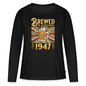 Perfektion seit 1947 - Jubiläum 75 Jahre - Frauen Premium Bio Langarmshirt - Schwarz - Vorne - Julia (174cm)