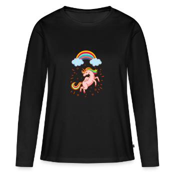 Weibliches glückliches Einhorn mit Regenbogen - Frauen Premium Bio Langarmshirt - Schwarz - Vorne - Julia (174cm)