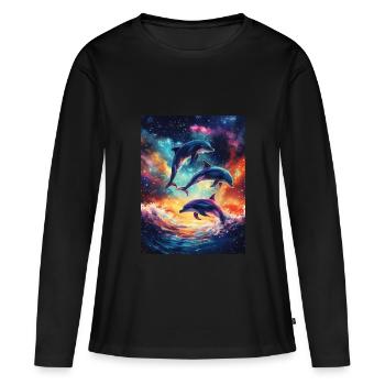 Bunte Delfine Galaxy - Frauen Premium Bio Langarmshirt - Schwarz - Vorne - Julia (174cm)