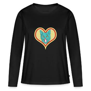 Le visage du chat tend la langue - T-shirt manches longues Premium bio Femme - noir - Devant - Julia (174cm)