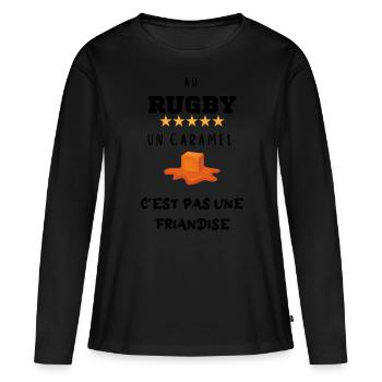 au Rugby un caramel c'est pas une friandise cadeau - T-shirt manches longues Premium bio Femme - noir - Devant - Julia (174cm)