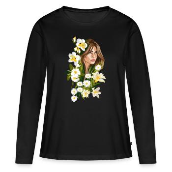 BELIA Illustration Frau mit weißen Blumen - Frauen Premium Bio Langarmshirt - Schwarz - Vorne - Julia (174cm)