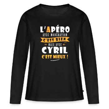 Humour Cyril Apero T shirt Humour Drôles cyril - T-shirt manches longues Premium bio Femme - noir - Devant - Julia (174cm)