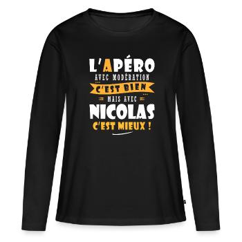 Humour Nicolas Apero T shirt Drôles nicolas - T-shirt manches longues Premium bio Femme - noir - Devant - Julia (174cm)