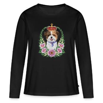 Chien lion mignon avec des fleurs et une couronne - T-shirt manches longues Premium bio Femme - noir - Devant - Julia (174cm)