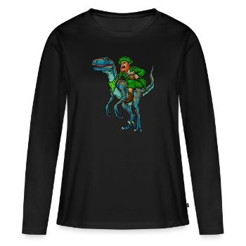 Leprechaun Reitet Velociraptor | St. Patrick's Day - Frauen Premium Bio Langarmshirt - Schwarz - Vorne - Julia (174cm)