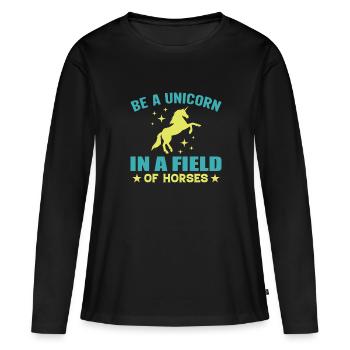 Sei Ein Einhorn Auf Einem Gebiet Der Pferde - Frauen Premium Bio Langarmshirt - Schwarz - Vorne - Julia (174cm)