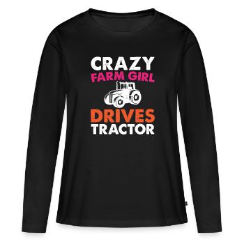 Une fermière folle conduisant un tracteur - T-shirt manches longues Premium bio Femme - noir - Devant - Julia (174cm)
