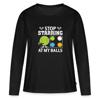Hör auf, auf meine Eier zu starren - Frauen Premium Bio Langarmshirt - Schwarz - Vorne - Julia (174cm)