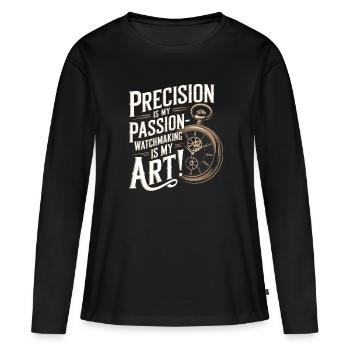 La précision est ma passion, l’horlogerie est mon art ! - T-shirt manches longues Premium bio Femme - noir - Devant - Julia (174cm)