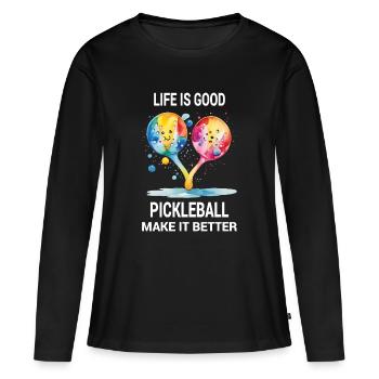 La vie est belle. Le pickleball l’améliore - T-shirt manches longues Premium bio Femme - noir - Devant - Julia (174cm)