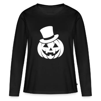 Citrouille d’Halloween souriante drôle avec chapeau haut de forme - T-shirt manches longues Premium bio Femme - noir - Devant - Julia (174cm)