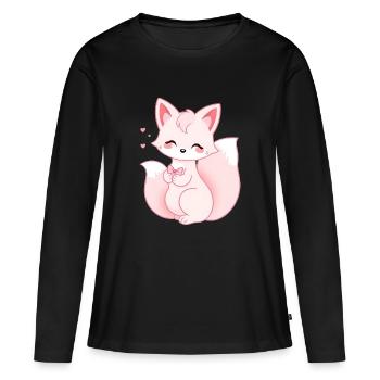 Renard rose blanc kawaii avec ruban rose - T-shirt manches longues Premium bio Femme - noir - Devant - Julia (174cm)
