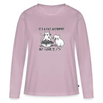 Spaghetti Cats - Deux chats s'amusent avec des pâtes - T-shirt manches longues Premium bio Femme - rose poudré - Devant - Julia (174cm)