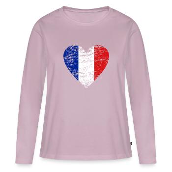 Drapeau France Vintage Occasion Look Coeur Amour FR - T-shirt manches longues Premium bio Femme - rose poudré - Devant - Julia (174cm)