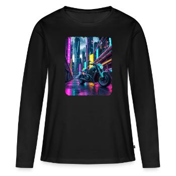 Chrom Motorrad in Neon City - Frauen Premium Bio Langarmshirt - Schwarz - Vorne - Julia (174cm)
