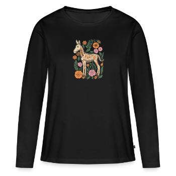 Muli Esel Blumenskelett Flower Animal - Frauen Premium Bio Langarmshirt - Schwarz - Vorne - Julia (174cm)