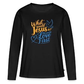 WWJD HWLF Jésus aimerait d’abord chrétien - T-shirt manches longues Premium bio Femme - noir - Devant - Julia (174cm)