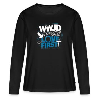 WWJD HWLF Jésus aimerait d’abord chrétien - T-shirt manches longues Premium bio Femme - noir - Devant - Julia (174cm)