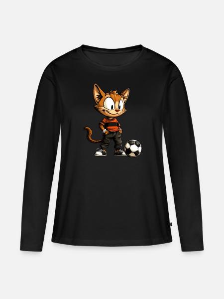 Katze Fussballer - Frauen Premium Bio Langarmshirt - Schwarz