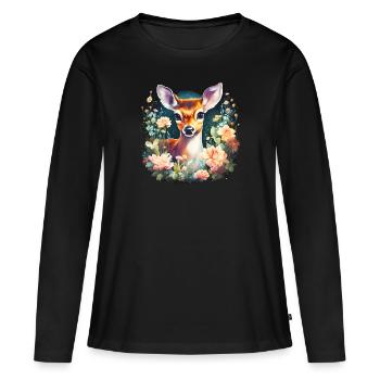 Cerf/Cerf avec fleurs I Trachtenshirt Dirndl Shirt - T-shirt manches longues Premium bio Femme - noir - Devant - Julia (174cm)