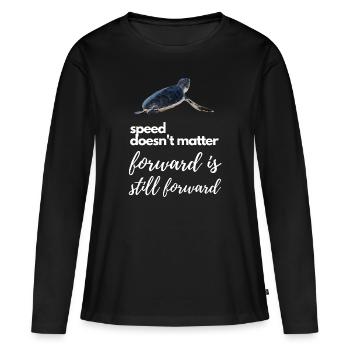 Tortue – L’avant est toujours en avant - T-shirt manches longues Premium bio Femme - noir - Devant - Julia (174cm)