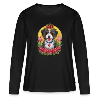 Chien lion mignon avec des fleurs et une couronne - T-shirt manches longues Premium bio Femme - noir - Devant - Julia (174cm)