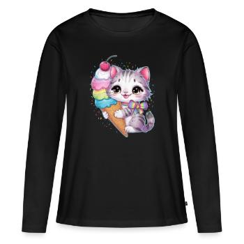 Cute cartoon cat loves waffle cream - Women's Premium Organic Long Sleeve Shirt - black - Front - Julia (174cm)