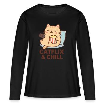 Chat Chill Popcorn Kawaii Détente - T-shirt manches longues Premium bio Femme - noir - Devant - Julia (174cm)