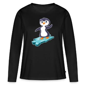 Un pingouin surfe sur une banquise - T-shirt manches longues Premium bio Femme - noir - Devant - Julia (174cm)