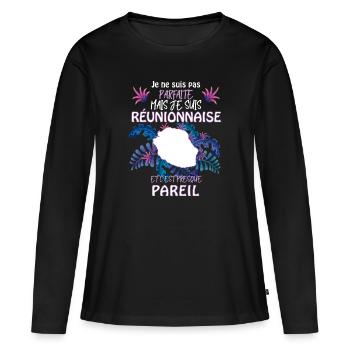 Femme Reunionnaise Cadeai Citation Réunion - T-shirt manches longues Premium bio Femme - noir - Devant - Julia (174cm)