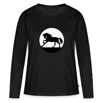Pferde und Reiten. Reitmode für Pferdefreunde - Frauen Premium Bio Langarmshirt - Schwarz - Vorne - Julia (174cm)