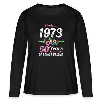 Fabriqué en 1973 Floral 50e anniversaire - T-shirt manches longues Premium bio Femme - noir - Devant - Julia (174cm)