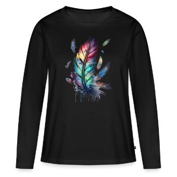Plumes, Boho, Ethno, Style, Motif Indien Tribal - T-shirt manches longues Premium bio Femme - noir - Devant - Julia (174cm)