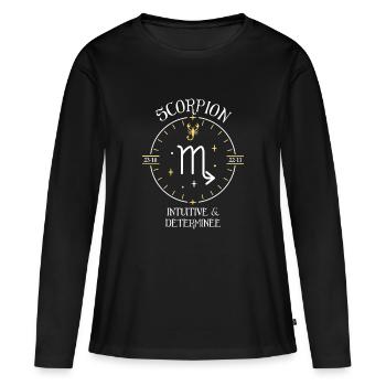 Du signe du Scorpion - Intuitive et déterminée - T-shirt manches longues Premium bio Femme - noir - Devant - Julia (174cm)