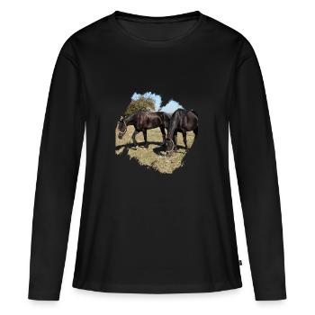 Deux chevaux paissant dans le paddock - T-shirt manches longues Premium bio Femme - noir - Devant - Julia (174cm)