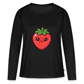 Sweet Strawberry with Face – Fruit Cartoon Design - Women's Premium Organic Long Sleeve Shirt - black - Front - Julia (174cm)