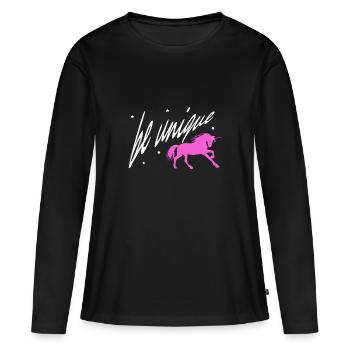 BE UNIQUE Motiv mit Einhorn für Mädchen und Frauen - Frauen Premium Bio Langarmshirt - Schwarz - Vorne - Julia (174cm)