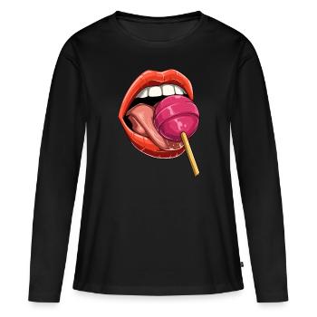 Baiser bouche sucette sucette bonbons - T-shirt manches longues Premium bio Femme - noir - Devant - Julia (174cm)