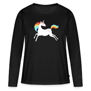 springendes Einhorn Regenbogen Schweif - Frauen Premium Bio Langarmshirt - Schwarz - Vorne - Julia (174cm)