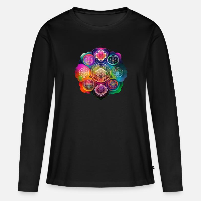 Blume des Lebens - Frauen Premium Bio Langarmshirt - Schwarz