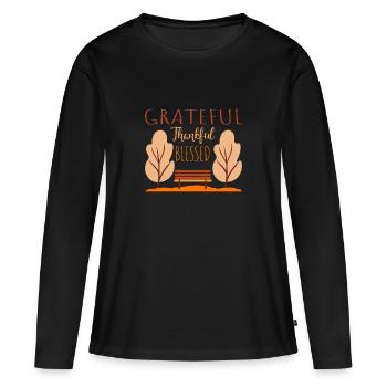 Herbstspruch - Parkbank im herbstlichen Laub - Frauen Premium Bio Langarmshirt - Schwarz - Vorne - Julia (174cm)
