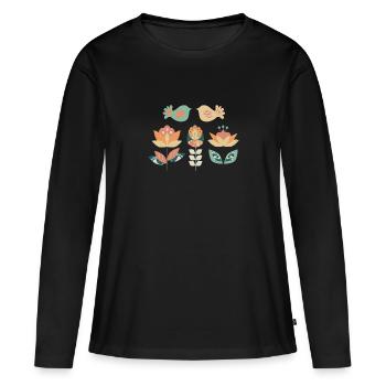 Illustration, paire d’oiseaux avec des fleurs abstrait - T-shirt manches longues Premium bio Femme - noir - Devant - Julia (174cm)